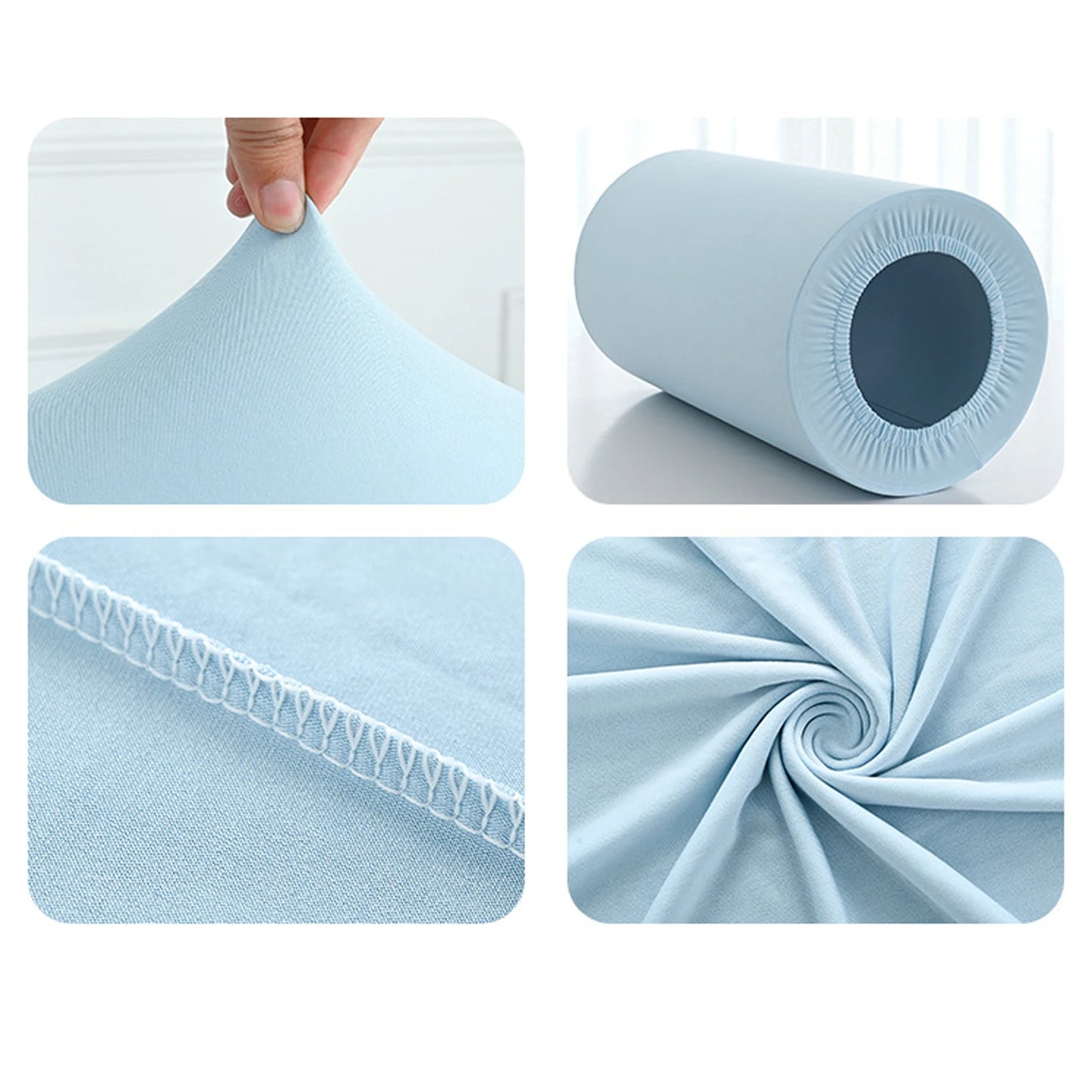Collage showing features of a light blue fitted sheet: stretching fabric, rolled-up sheet, close-up of stitching, and spirally gathered sheet, highlighting elasticity and craftsmanship.