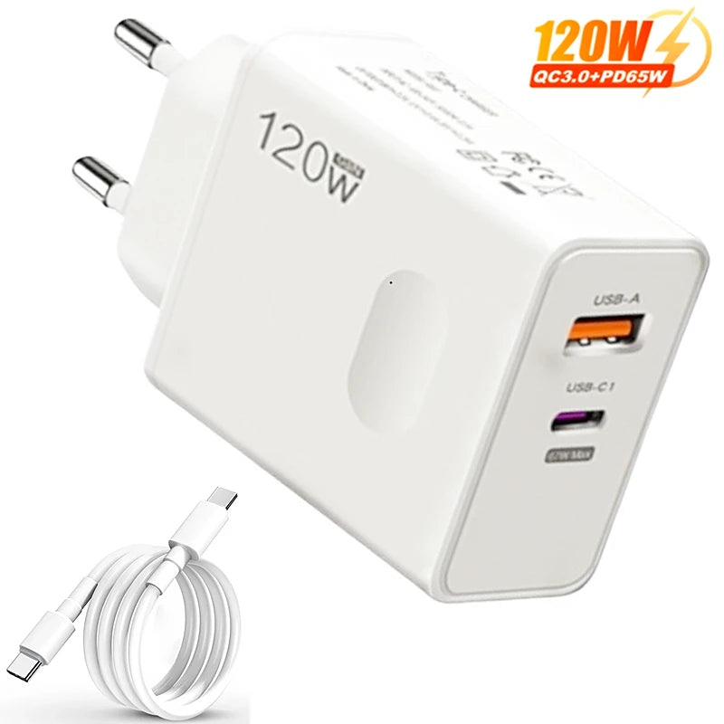 A white 120W power adapter with USB-A and two USB-C ports. An inset shows a coiled white USB-C cable. Text reads "120W QC3.0 + PD65W" indicating charging capabilities.