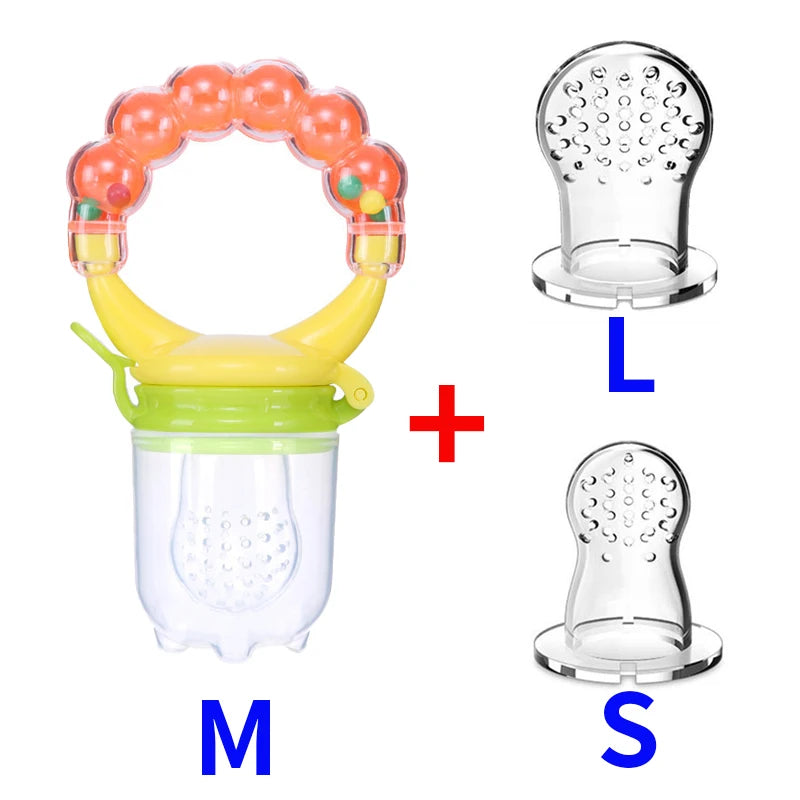 Baby food feeder with orange bead handle and green cap, accompanied by two detachable silicone nozzles in sizes large (L) and small (S).