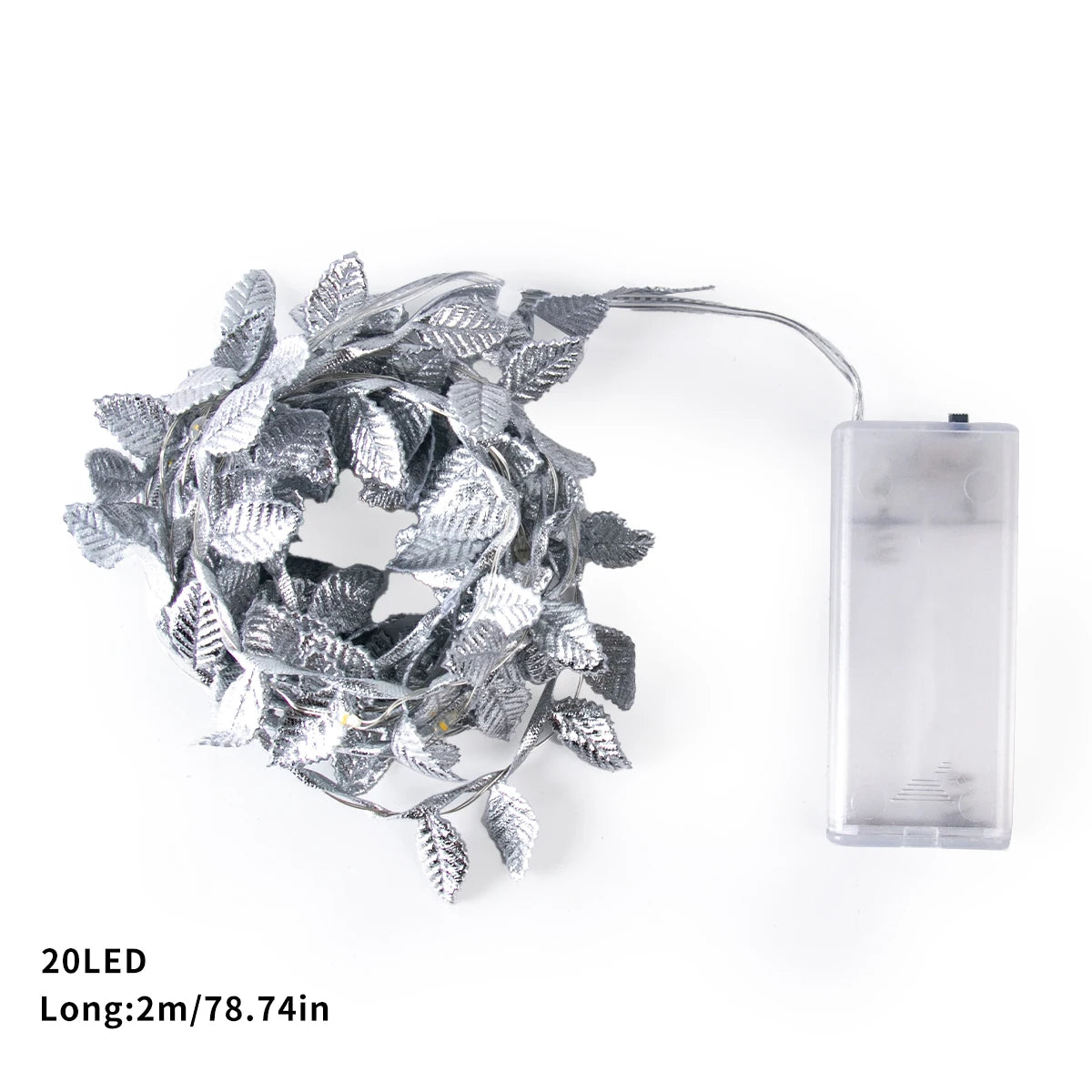 Silver leaf string lights with 20 LEDs, measuring 2 meters long. Battery pack attached for power. Ideal for indoor decoration.