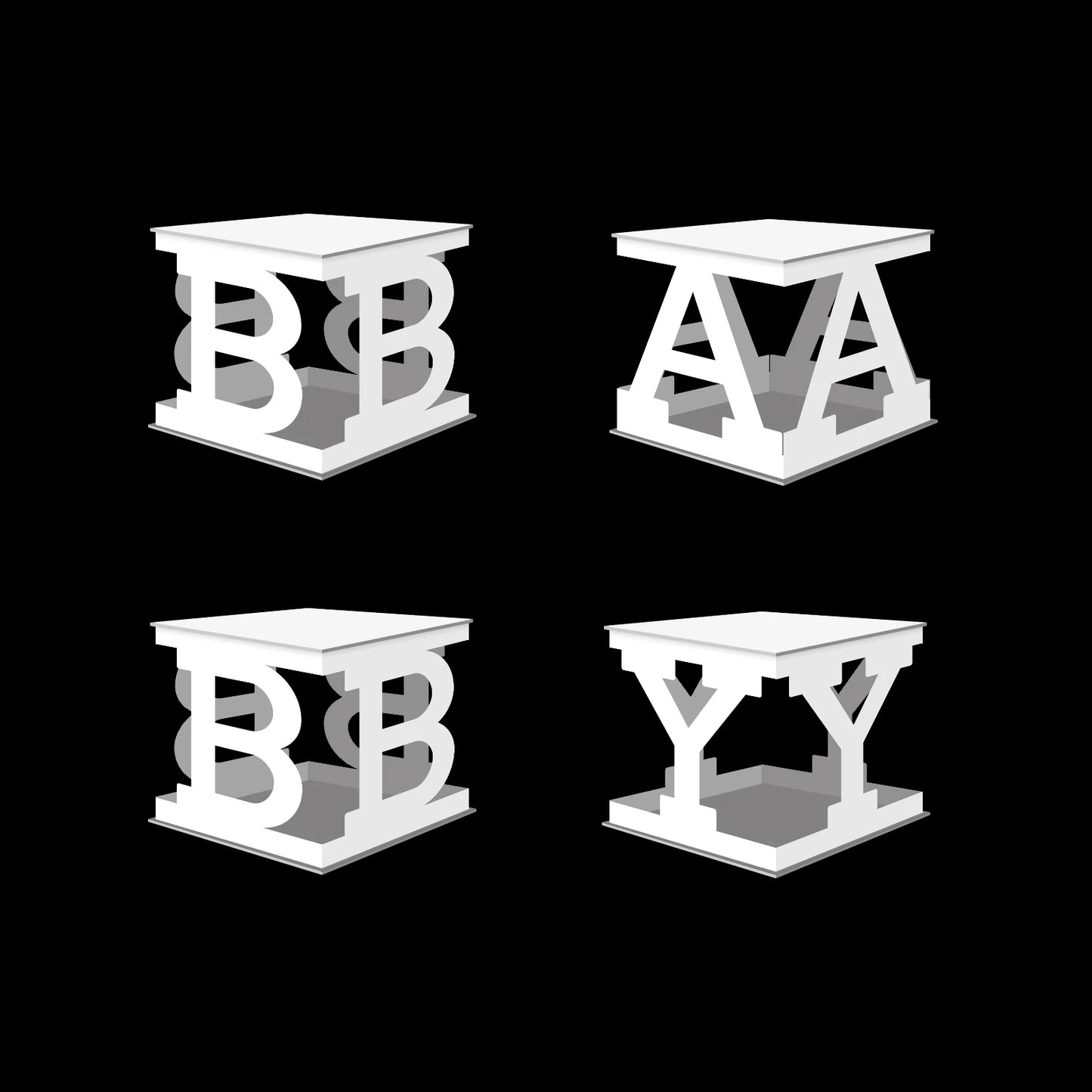 Four 3D optical illusion sculptures on a black background, each formed by interlocking letters: B, A, B, and Y, creating the word "BABY" from different perspectives.