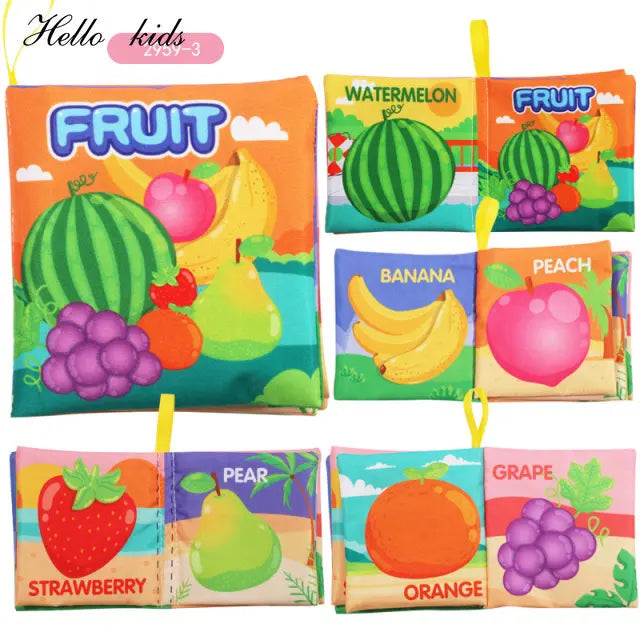 Colorful children's book titled "Fruit" featuring illustrations of various fruits including watermelon, banana, peach, strawberry, pear, orange, and grape.