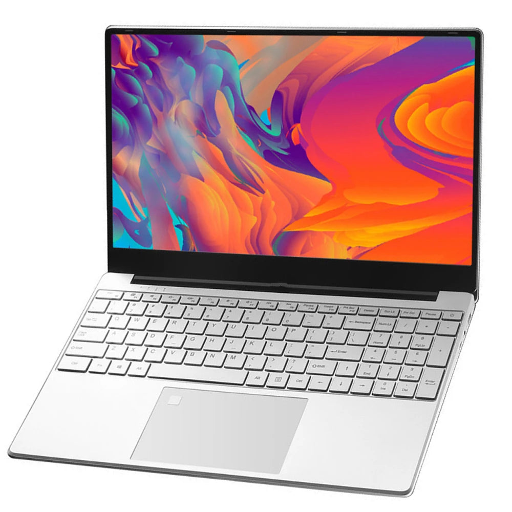 Open silver laptop with a colorful, abstract design on the screen. The keyboard is white, and the laptop features a slim, modern design, viewed at a slight angle.