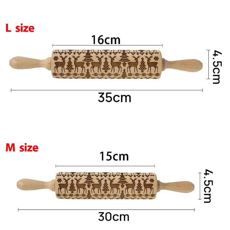 Two embossed rolling pins with reindeer and tree patterns. L size: 35cm long, 16cm pattern area. M size: 30cm long, 15cm pattern area, both 4.5cm diameter.