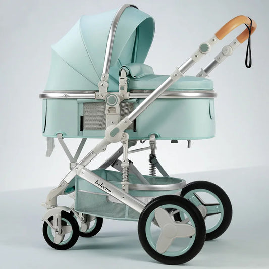 A light blue baby stroller with a soft canopy, silver frame, and brown handlebar. It features four wheels and a storage basket underneath on a white background.