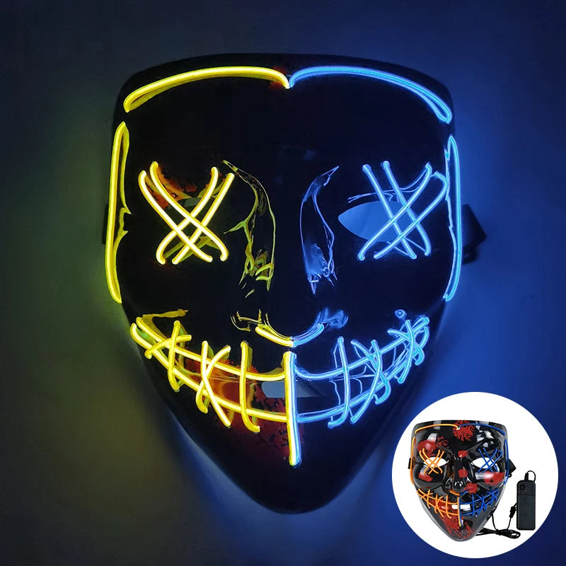 LED mask with a sinister grin, bright yellow X eyes, and a blue-lined mouth. A circular inset shows the mask with a controller, displaying red details on a black background.