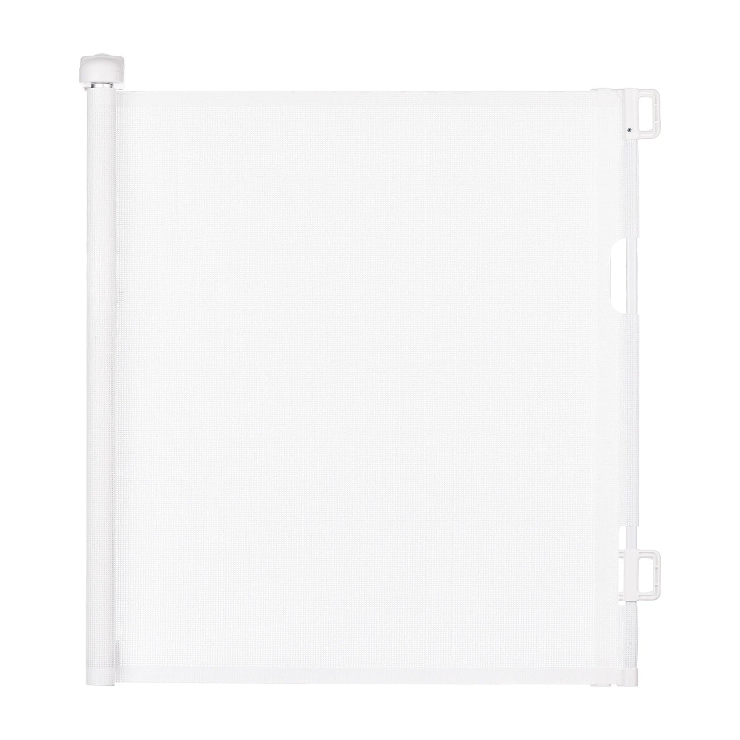 White retractable safety gate with a mesh panel, mounted between two vertical holders. The sleek, minimalist design is suited for modern interiors, ensuring safety without bulk.