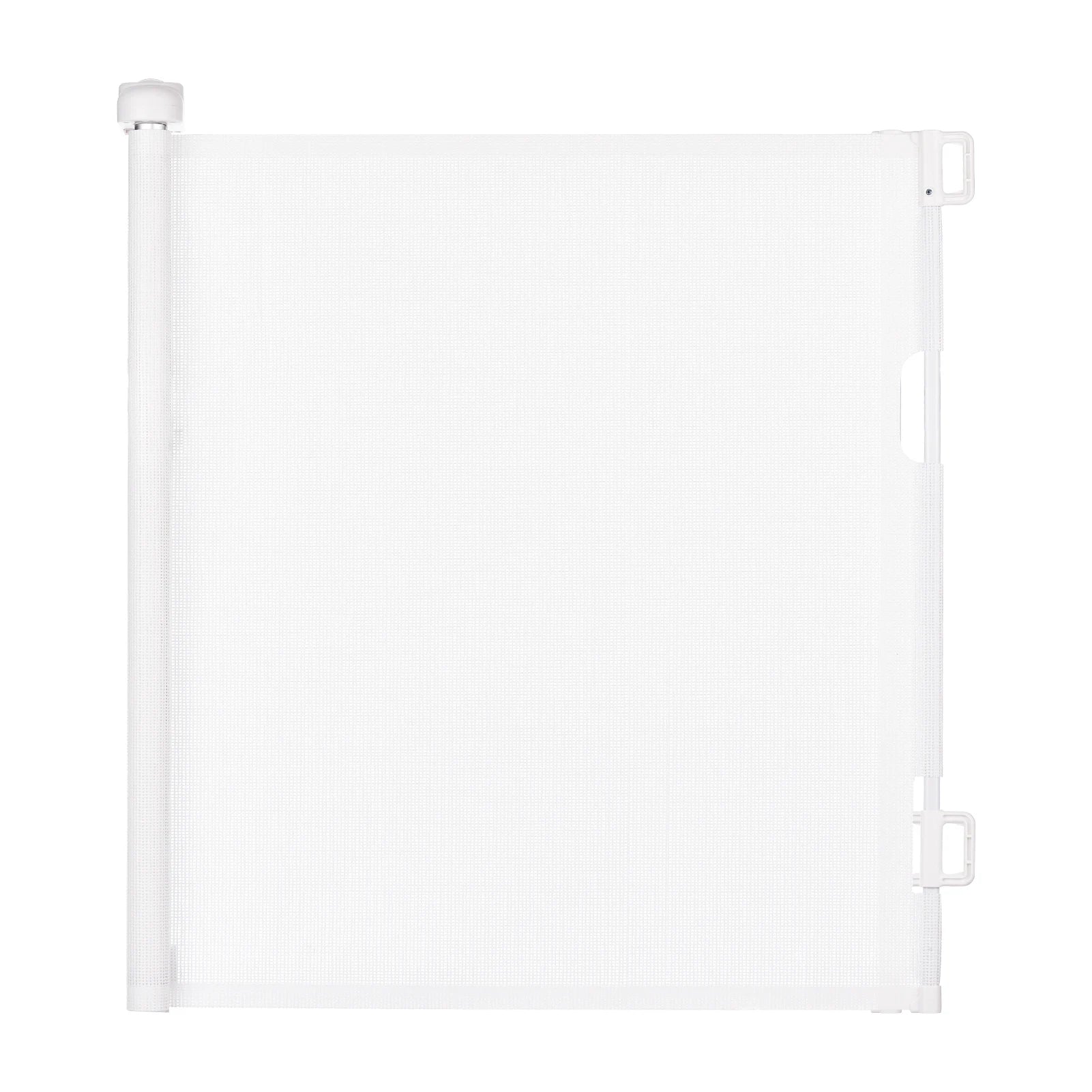 White retractable safety gate with a mesh panel, mounted between two vertical holders. The sleek, minimalist design is suited for modern interiors, ensuring safety without bulk.
