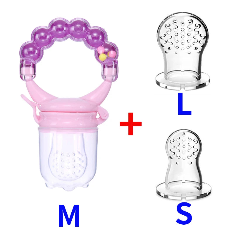 A pink baby feeder with a purple beaded handle, accompanied by two interchangeable silicone nipples labeled "L" and "S" in blue, indicating size options.