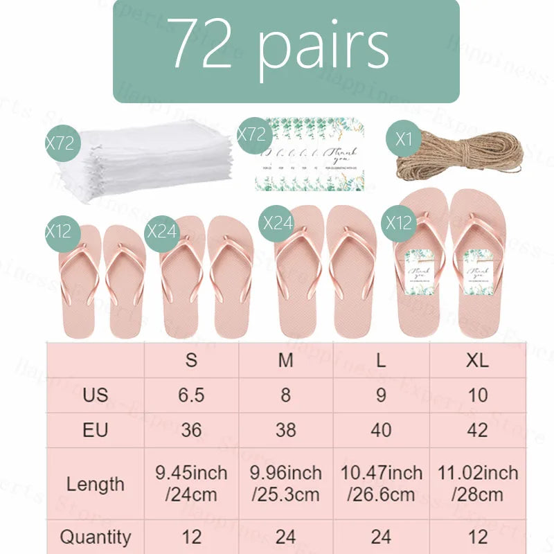 Set of 72 pink flip-flops in four sizes (S, M, L, XL) with thank-you cards and linen bags. Sizes range from US 6.5 to 10. Includes one roll of twine and size chart.