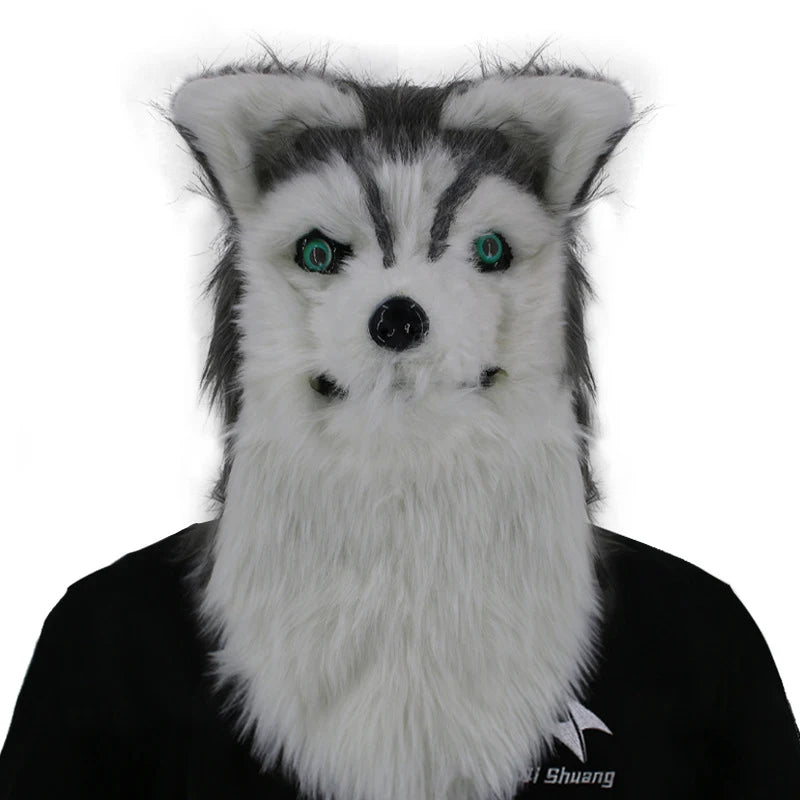 A realistic husky dog mask with fluffy white and gray fur and green eyes, worn over a black shirt.
