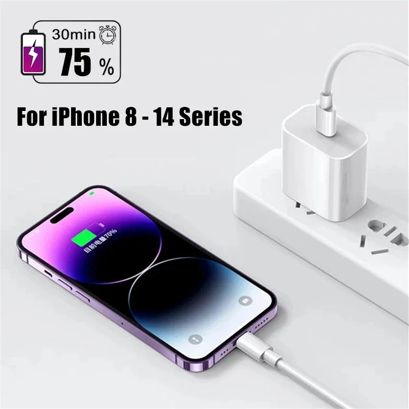 Smartphone charging with a white cable plugged into a power strip, reading 70% battery. Text: "30min, 75%", for iPhone 8-14 series.
