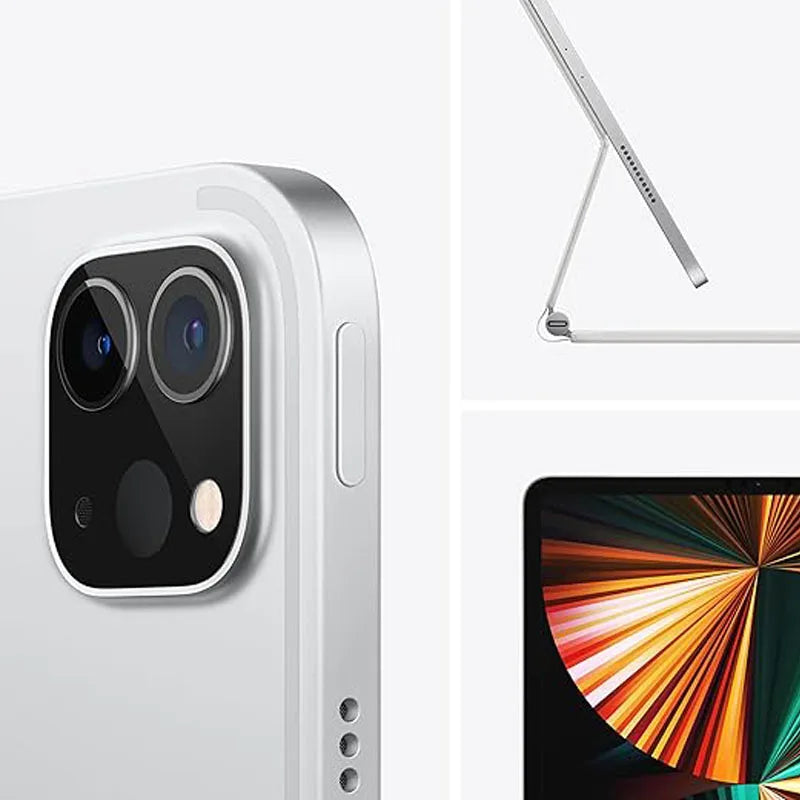 Close-up of a tablet's dual rear camera in the top left, side view of the tablet on a stand in the top right, and a colorful display of the tablet screen in the bottom right.