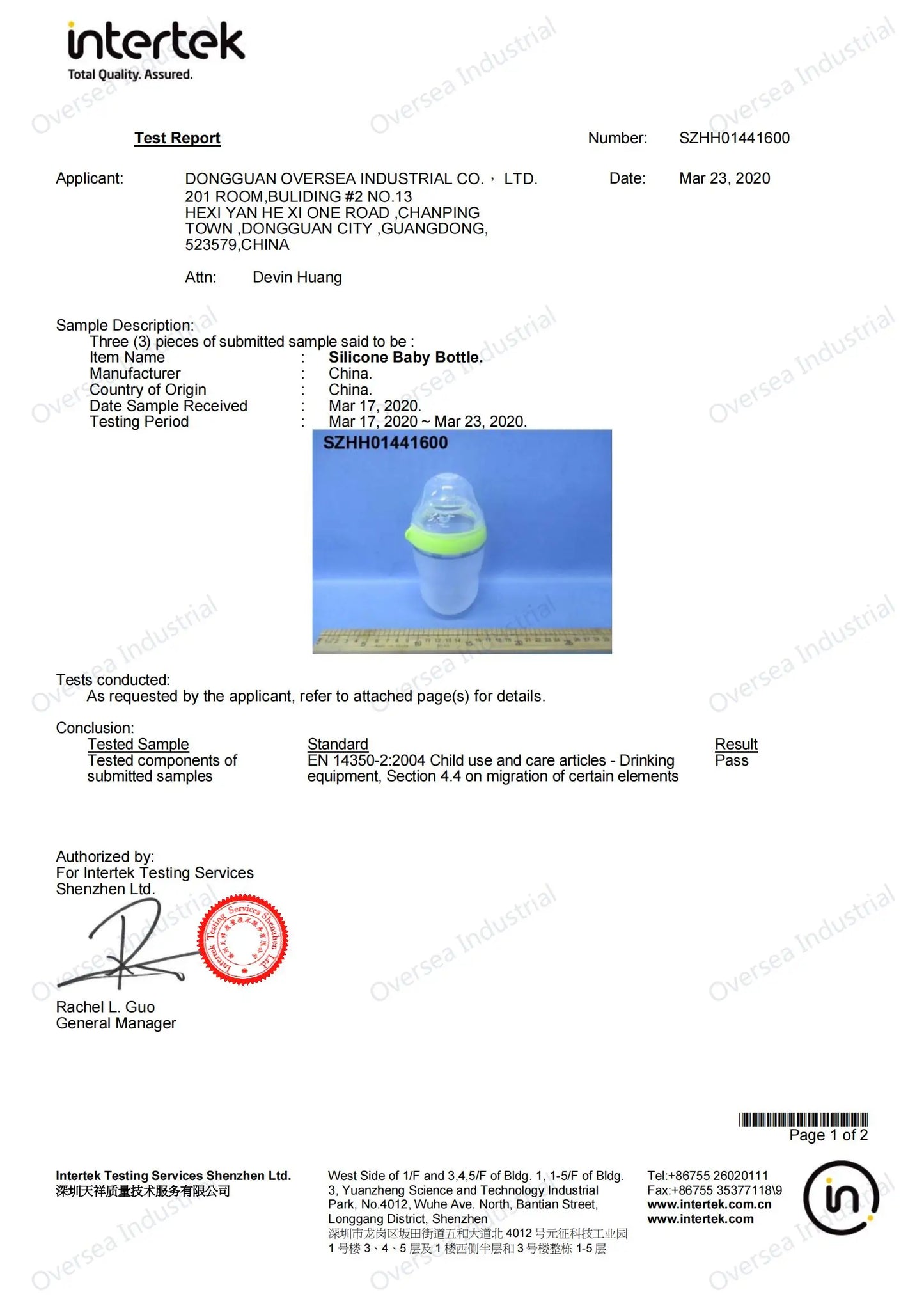 Test report from Intertek for a silicone baby bottle originating from China. Testing was conducted from March 17 to 23, 2020, showing compliance with EN 14350-2:2004, passing standards.