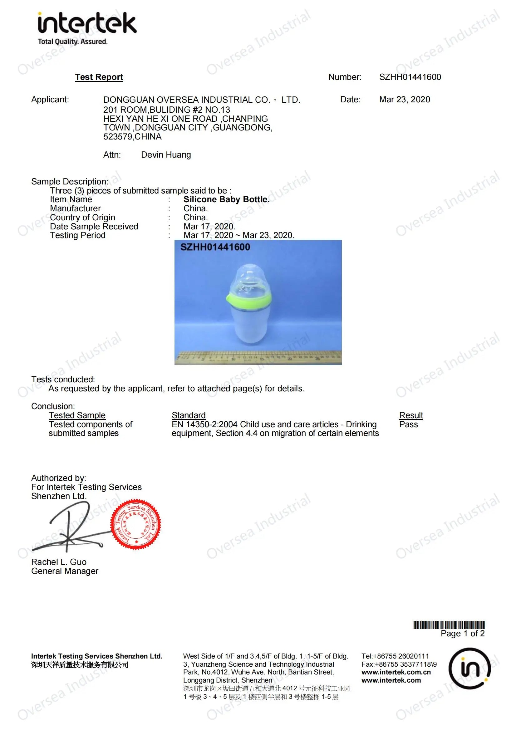 Test report from Intertek for a silicone baby bottle originating from China. Testing was conducted from March 17 to 23, 2020, showing compliance with EN 14350-2:2004, passing standards.