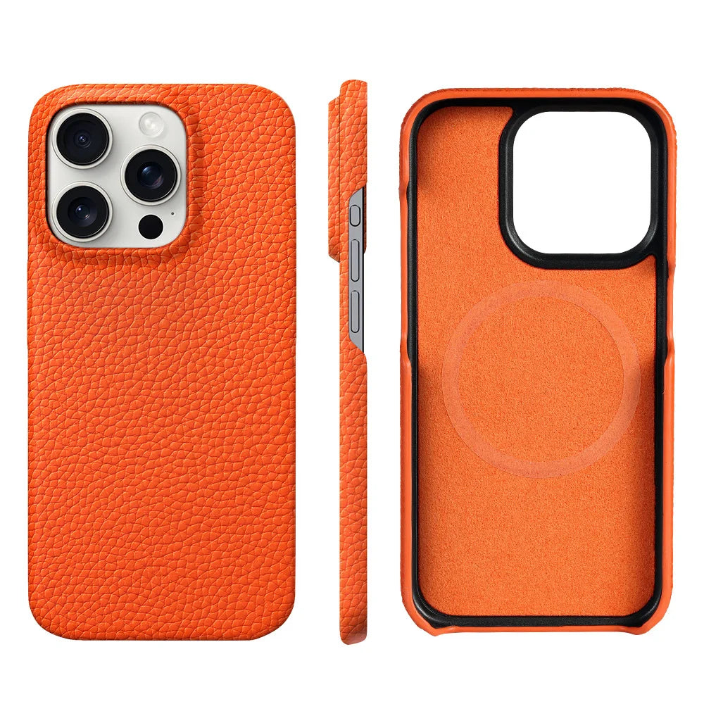Orange leather phone case shown from the back, side, and interior, featuring textured pebble grain, MagSafe compatibility, and precise cutouts for buttons and camera.