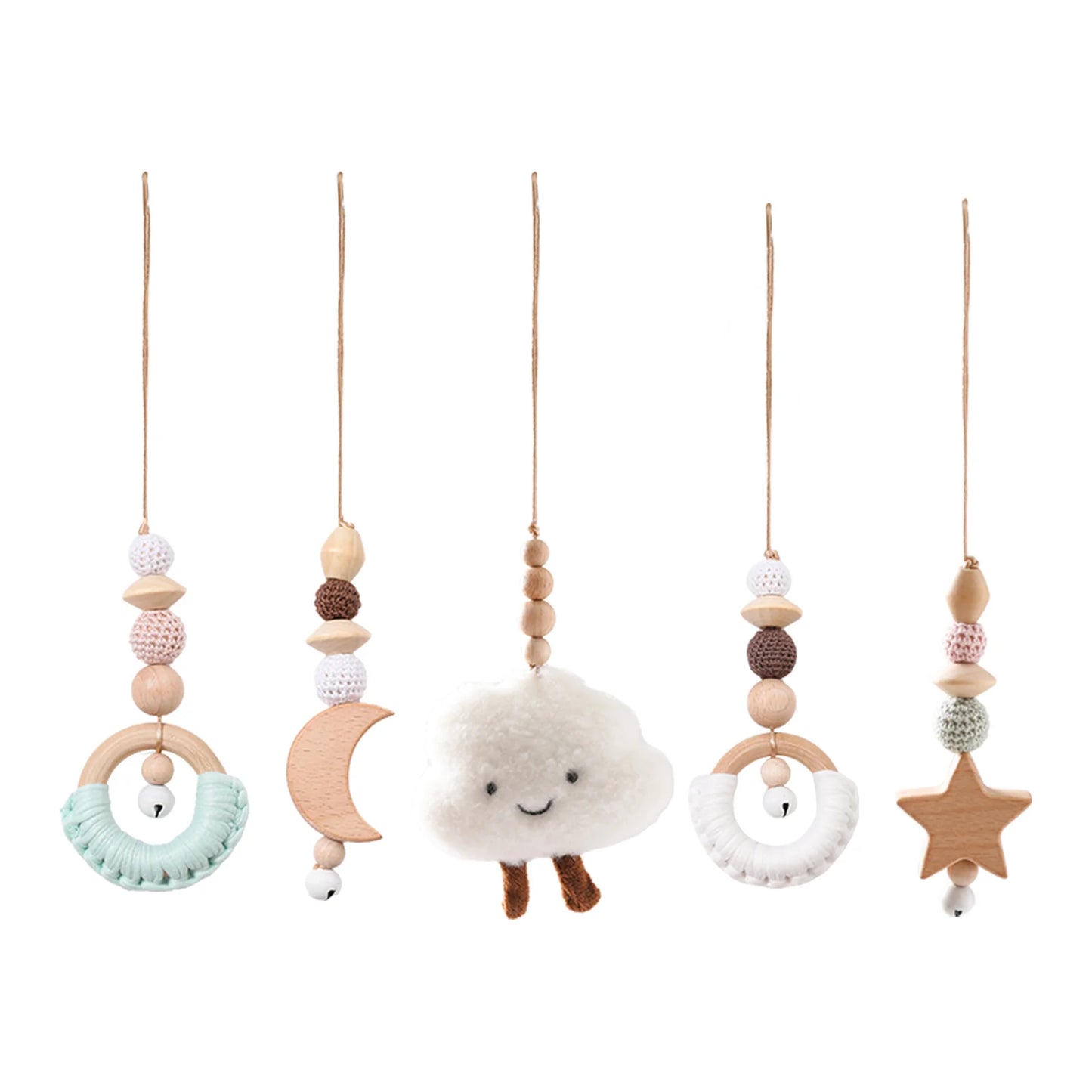 Five hanging baby mobile toys featuring various shapes: a teal semi-circle, a wooden crescent moon, a smiling cloud, a white semi-circle, and a star, all with wooden beads.