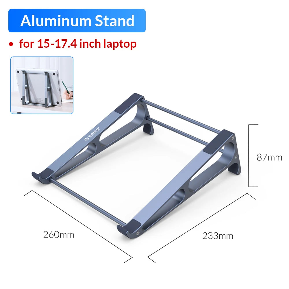 Aluminum laptop stand for 15-17.4 inch laptops, dimensions: 260mm x 233mm x 87mm. Features two side supports and space for airflow. Inset shows stand in use on a desk.