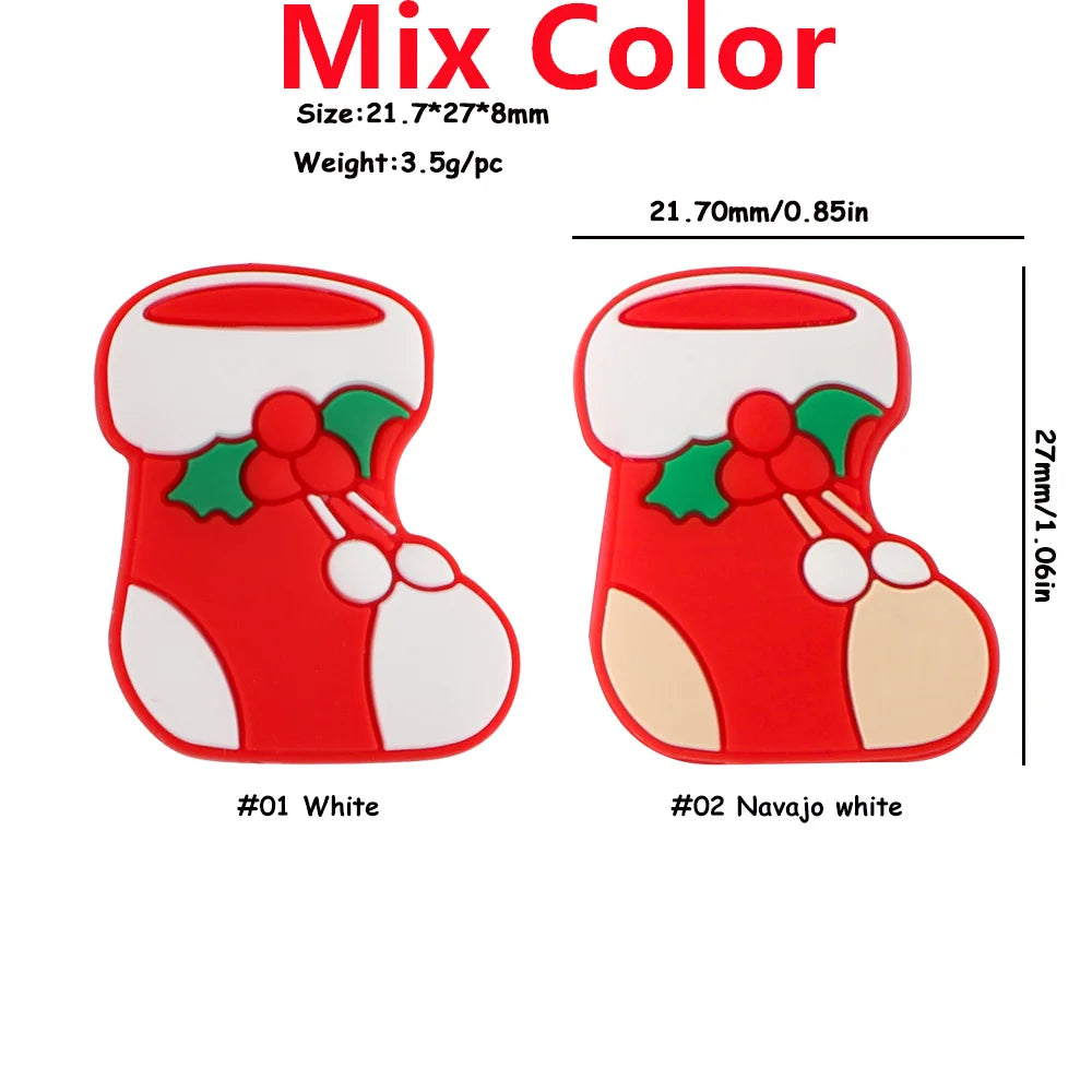 Two red Christmas stocking decorations with holly and berries. One labeled "#01 White," the other "#02 Navajo white." Dimensions are 21.7x27x8mm and weight 3.5g each.