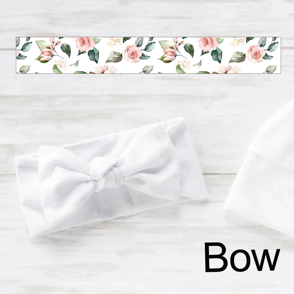 White headband with a bow next to a floral-patterned strip on a light wood surface. The word "Bow" is displayed beside the headband.