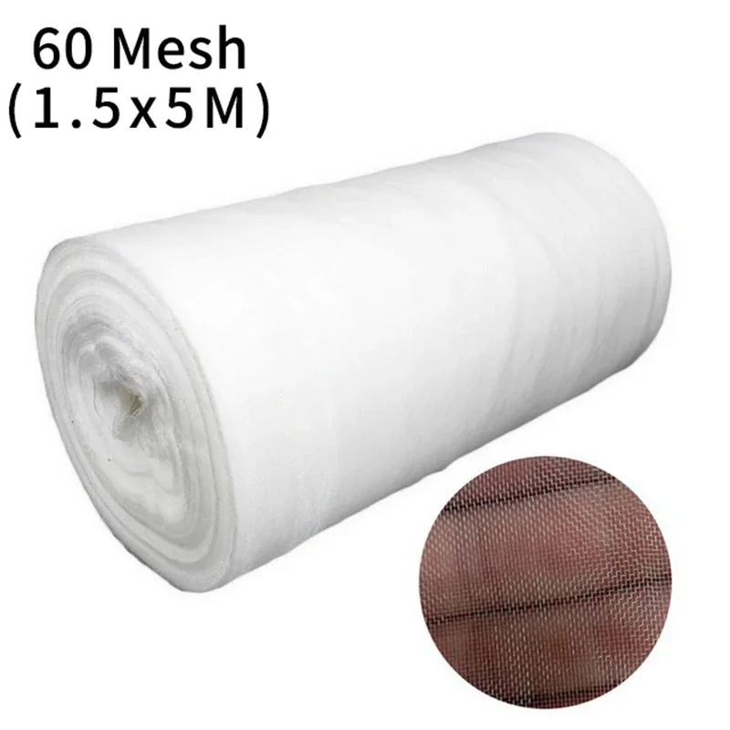 Rolled white 60 mesh fabric measuring 1.5x5 meters. Inset shows close-up of mesh texture against a hand, illustrating its fine, lightweight construction.