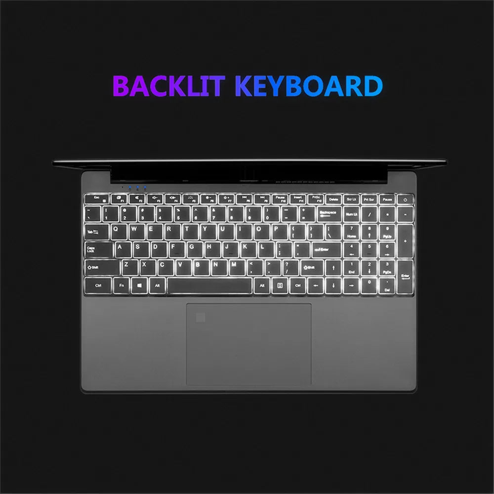 Top view of a laptop with a brightly lit backlit keyboard on a black background. The words "Backlit Keyboard" are displayed above the laptop in purple and blue.