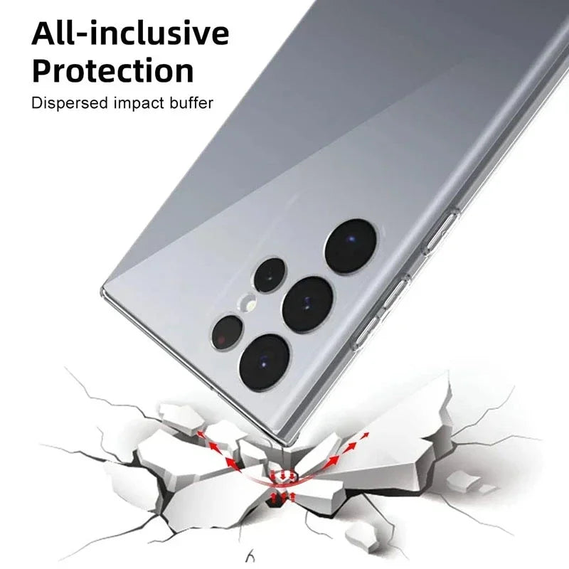 Image of a smartphone with several rear cameras depicted above a cracked surface. Text reads "All-inclusive Protection" and "Dispersed impact buffer," highlighting durability.