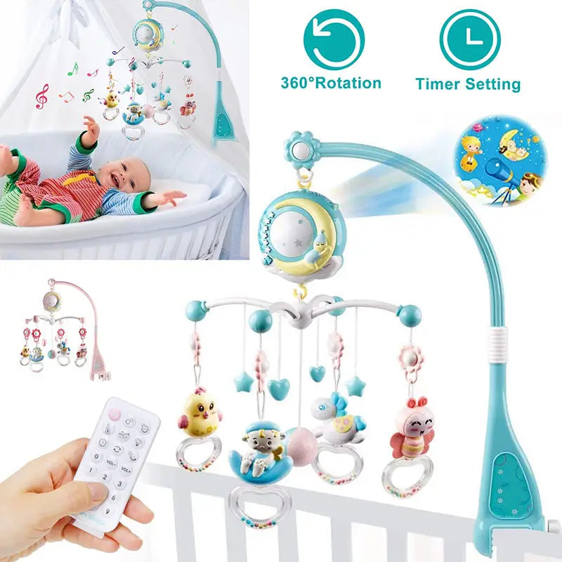 Baby mobile with colorful hanging toys and a remote control, featuring 360-degree rotation and a timer setting. A baby lies in a crib underneath, reaching for the toys.