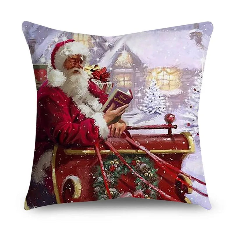 Santa Claus in a red sleigh, holding a book, amidst falling snow. A snowy house and lit windows are in the background, creating a cozy Christmas scene.