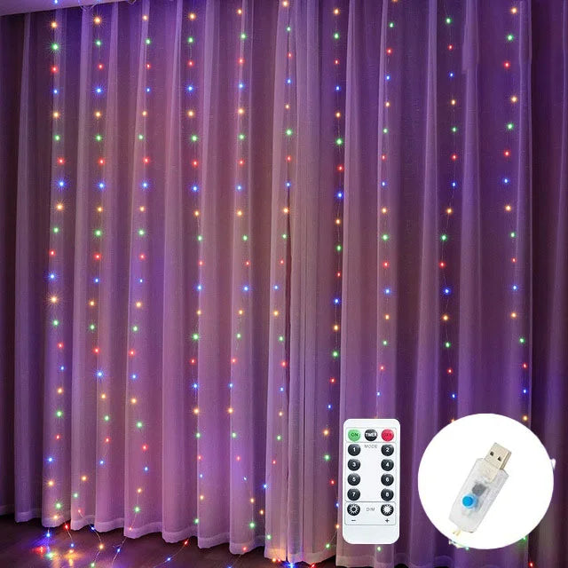 Colorful LED string lights hang on purple curtains, accompanied by a remote control and USB connector in the foreground.
