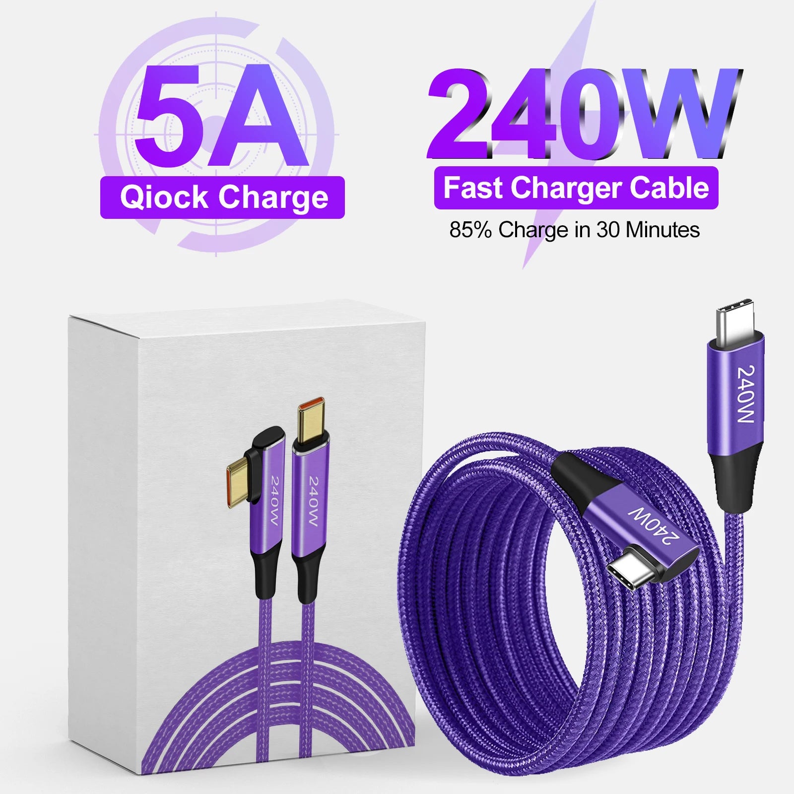 Purple 240W fast charging cable, USB-C to USB-C, coiled beside packaging box. Text highlights 5A quick charge and 85% charge in 30 minutes.
