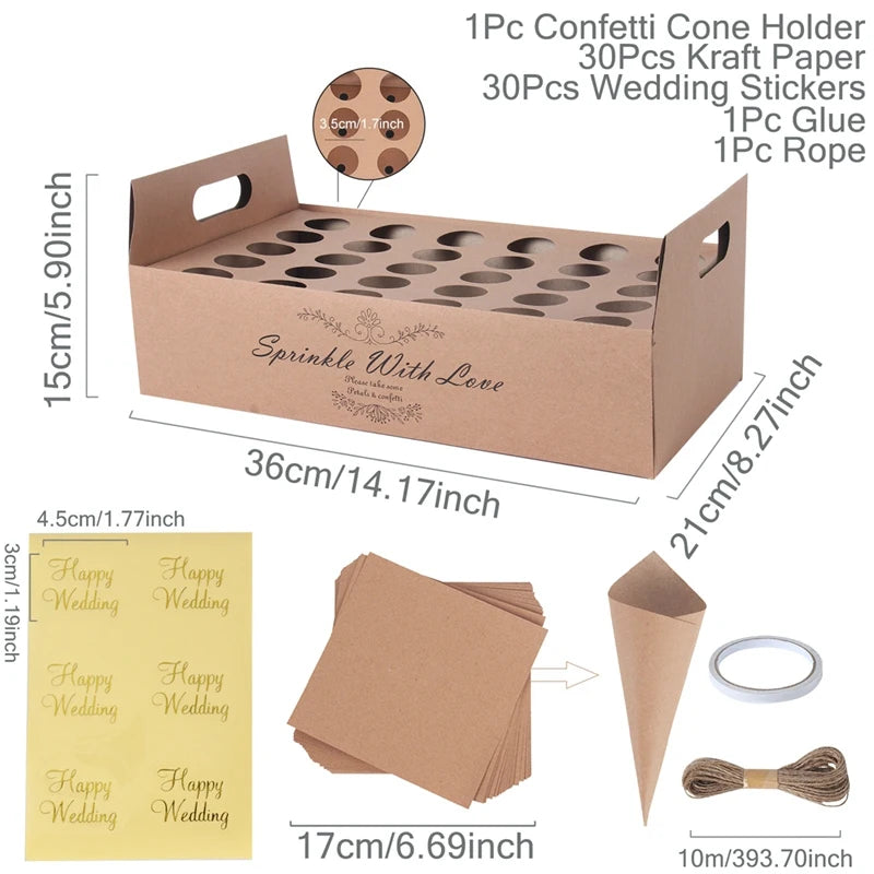 Brown confetti cone holder with 30 slots, labeled "Sprinkle With Love." Includes 30 kraft papers, wedding stickers, glue, and rope. Dimensions and details are shown for each item.