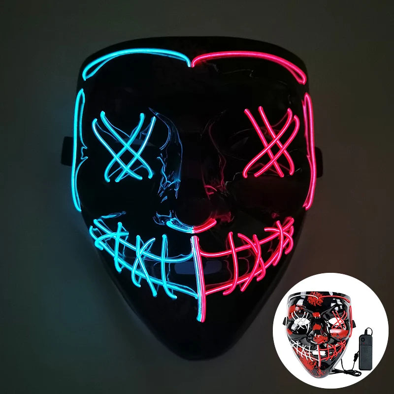 LED mask with neon blue and red Xs over eyes, and stitched mouth design. Includes a remote control. Inset shows the mask's daytime look with a red and black design.