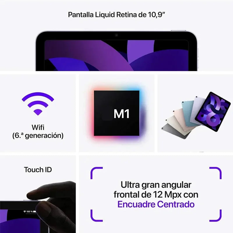 Tablet features: 10.9" Liquid Retina display, M1 chip, 6th gen WiFi, Touch ID, 12MP ultra-wide front camera. Shown in various colors with emphasis on Center Stage feature.