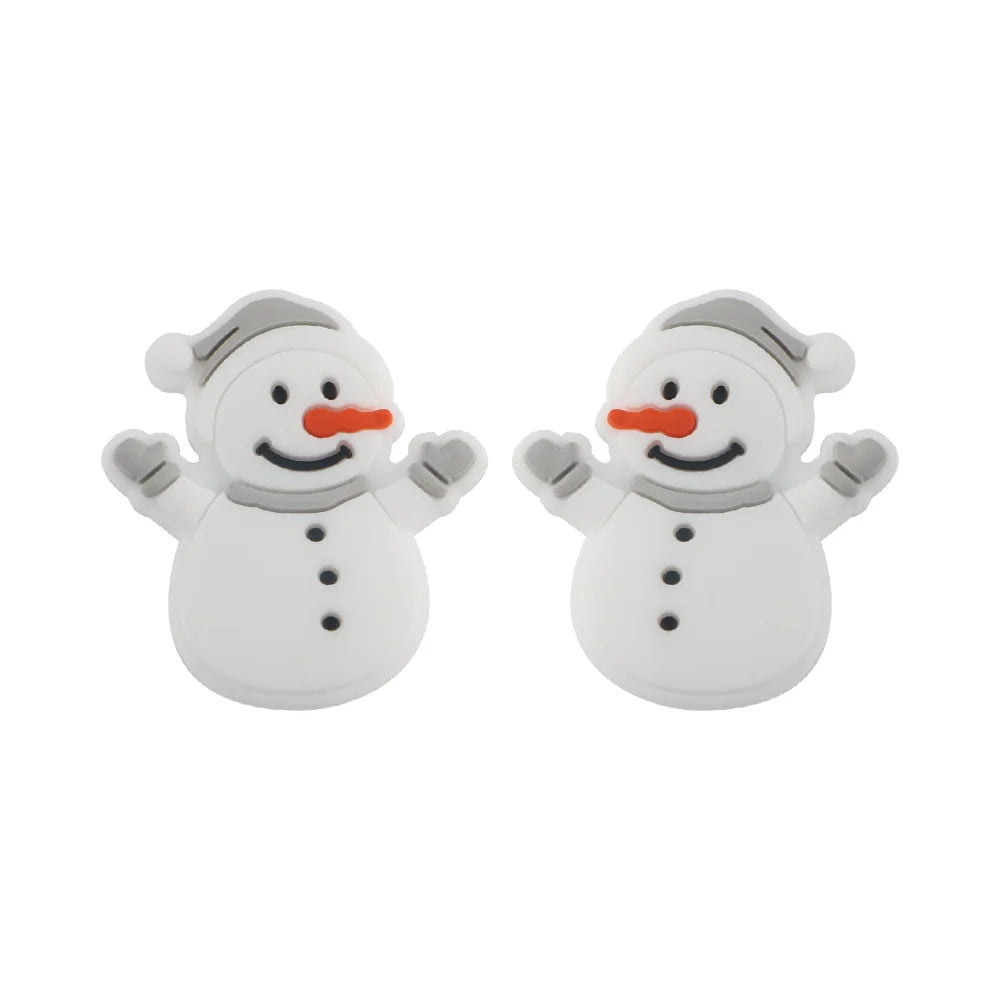 Two cheerful cartoon snowmen with orange carrot noses and gray mittens, each wearing a Santa hat and featuring black button details on their round white bodies.
