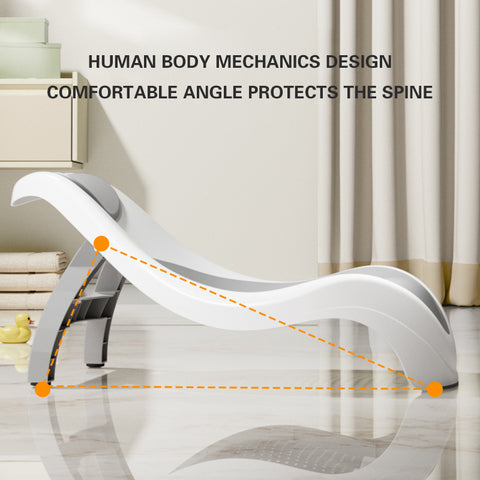 Modern white ergonomic chair with a wave-like design, set against a neutral room with curtains. Text highlights its spine-supportive design and comfortable angle for body mechanics.