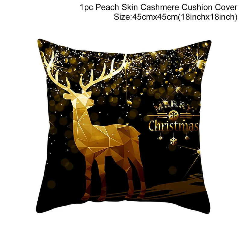 Festive cushion cover featuring a golden low-poly reindeer and "Merry Christmas" text on a dark starry background. Size: 45x45cm (18x18 inches), Peach Skin Cashmere material.