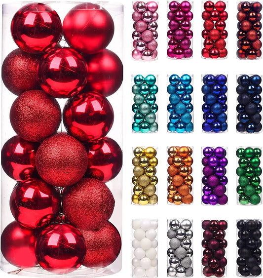 Various sets of Christmas baubles in different colors, including red, pink, teal, blue, gold, orange, purple, green, white, silver, and black. Each set contains glossy and glittery finishes.