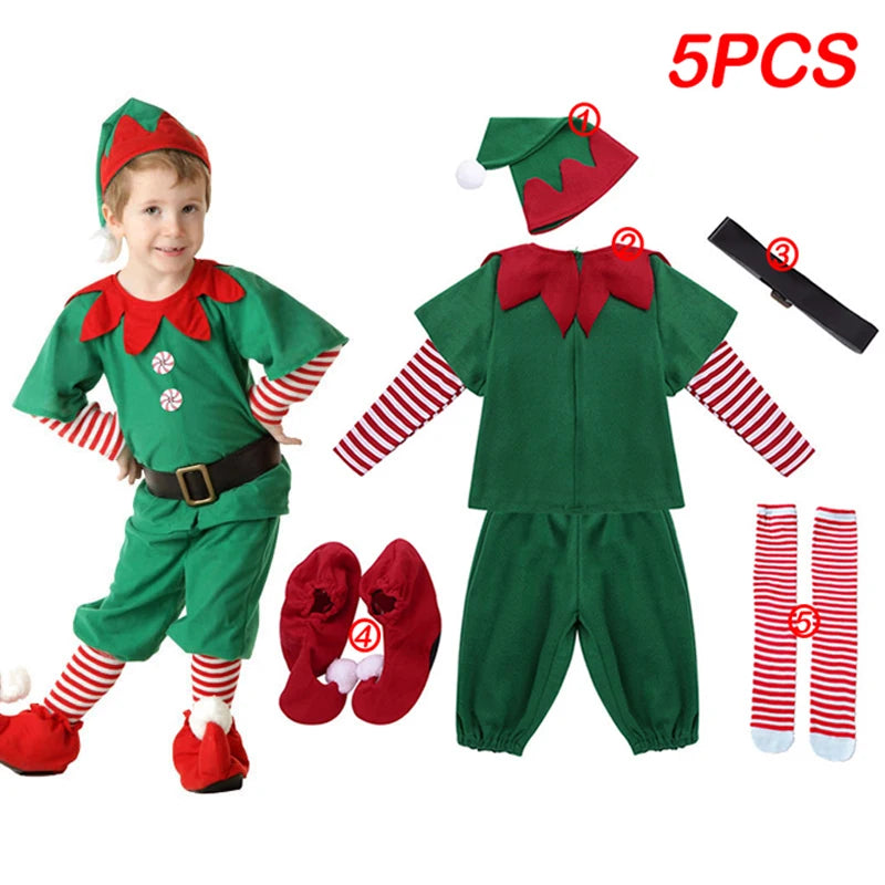 Child's elf costume set with green and red tunic, striped sleeves, matching hat, black belt, red elf shoes, and striped socks. Includes five labeled pieces.