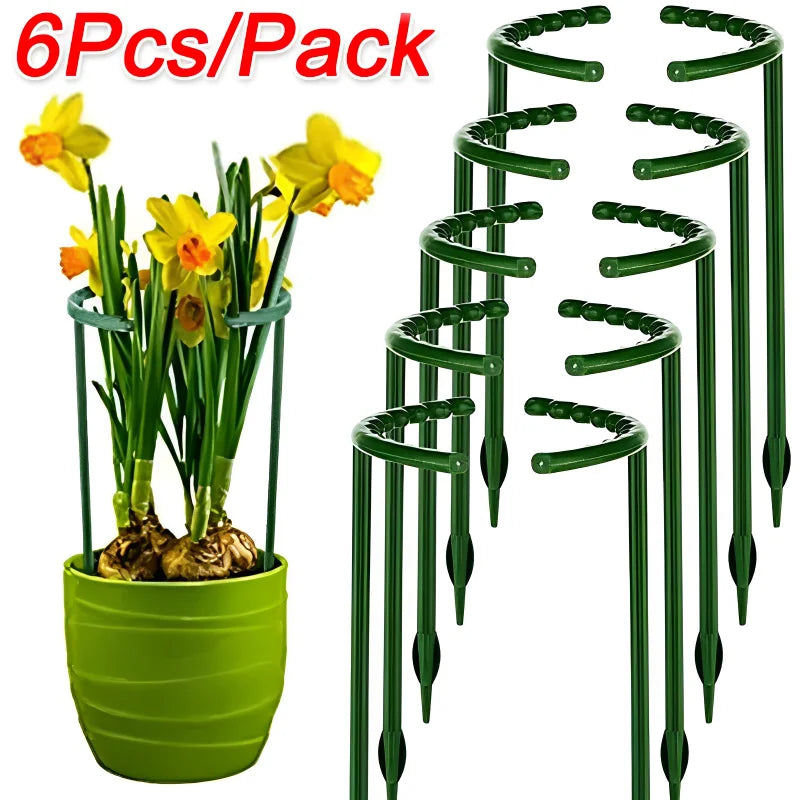 Green plant support stakes, 6 pieces, shown surrounding yellow flowers in a green pot. The stakes are semicircular at the top for supporting plant stems.