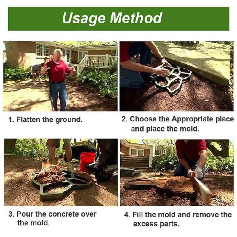 Instructional guide for using a concrete pathway mold. Steps: flatten ground, place mold, pour concrete, fill mold and remove excess. Outdoors setting with two people working.