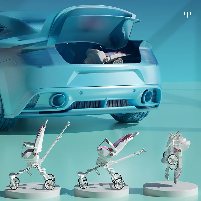 A compact foldable stroller with pink accents is shown in three stages of folding on pedestals. Nearby, a blue car has its trunk open with a stroller neatly stored inside.