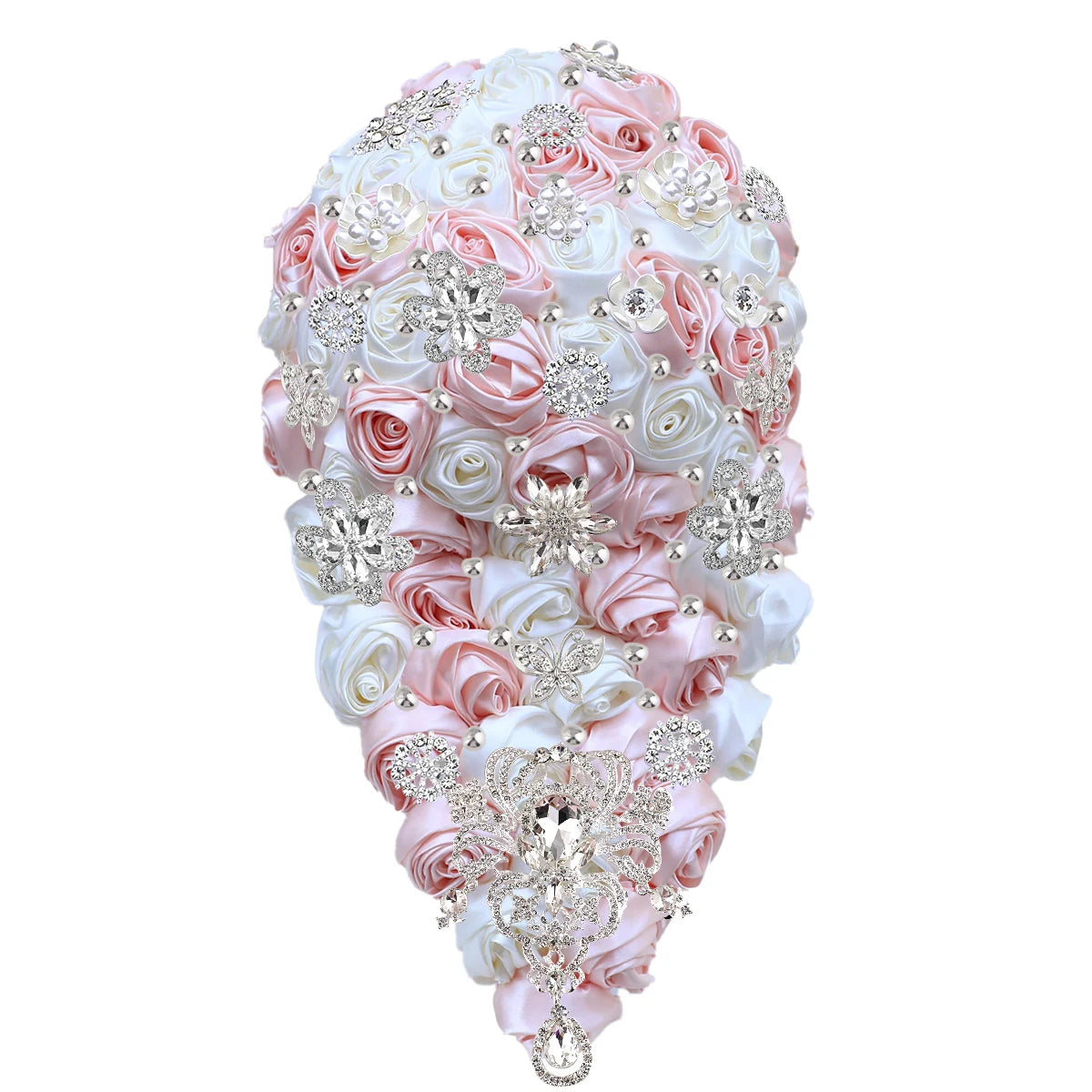 A teardrop-shaped bouquet of pink and white satin roses adorned with sparkling silver brooches and rhinestones, featuring intricate floral and butterfly motifs.