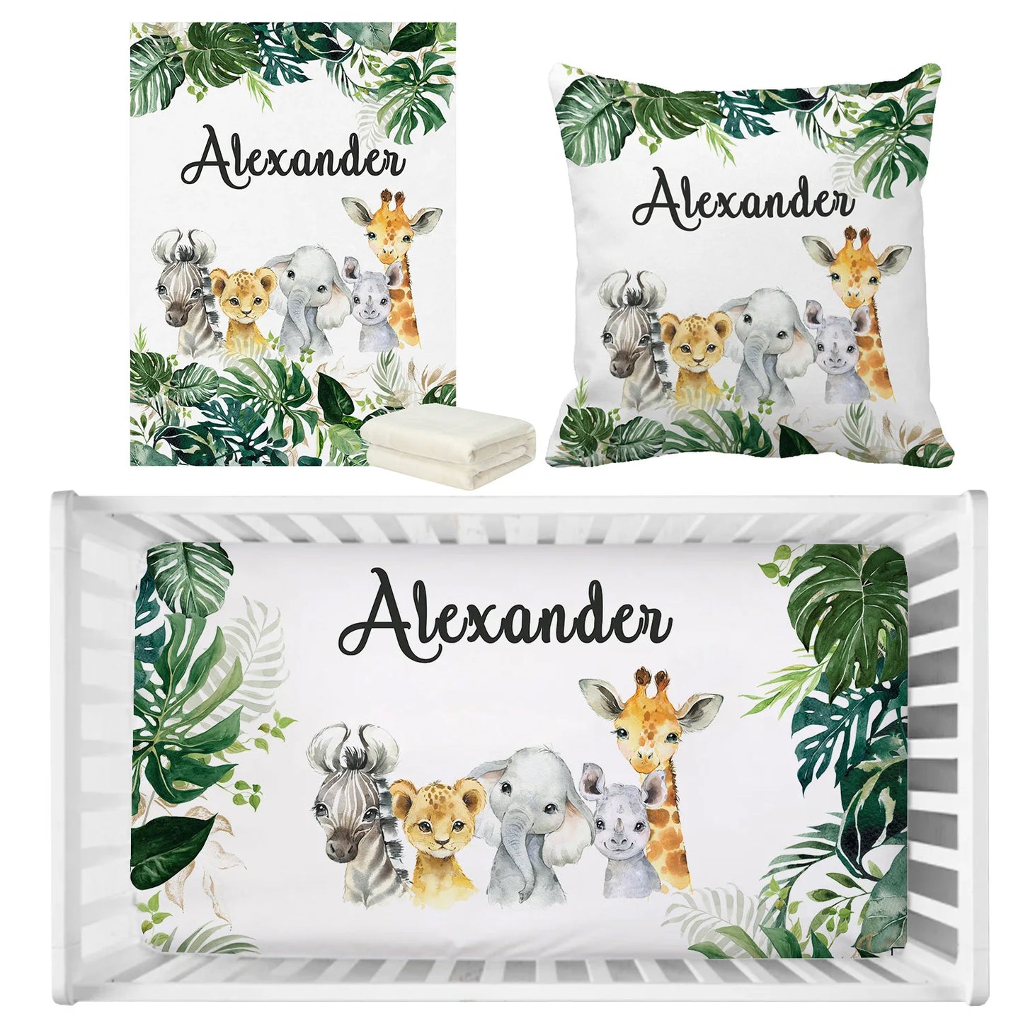 Nursery set featuring a custom name "Alexander" with illustrations of a giraffe, elephant, lion cub, and other animals, surrounded by green tropical leaves on a pillow, blanket, and print.