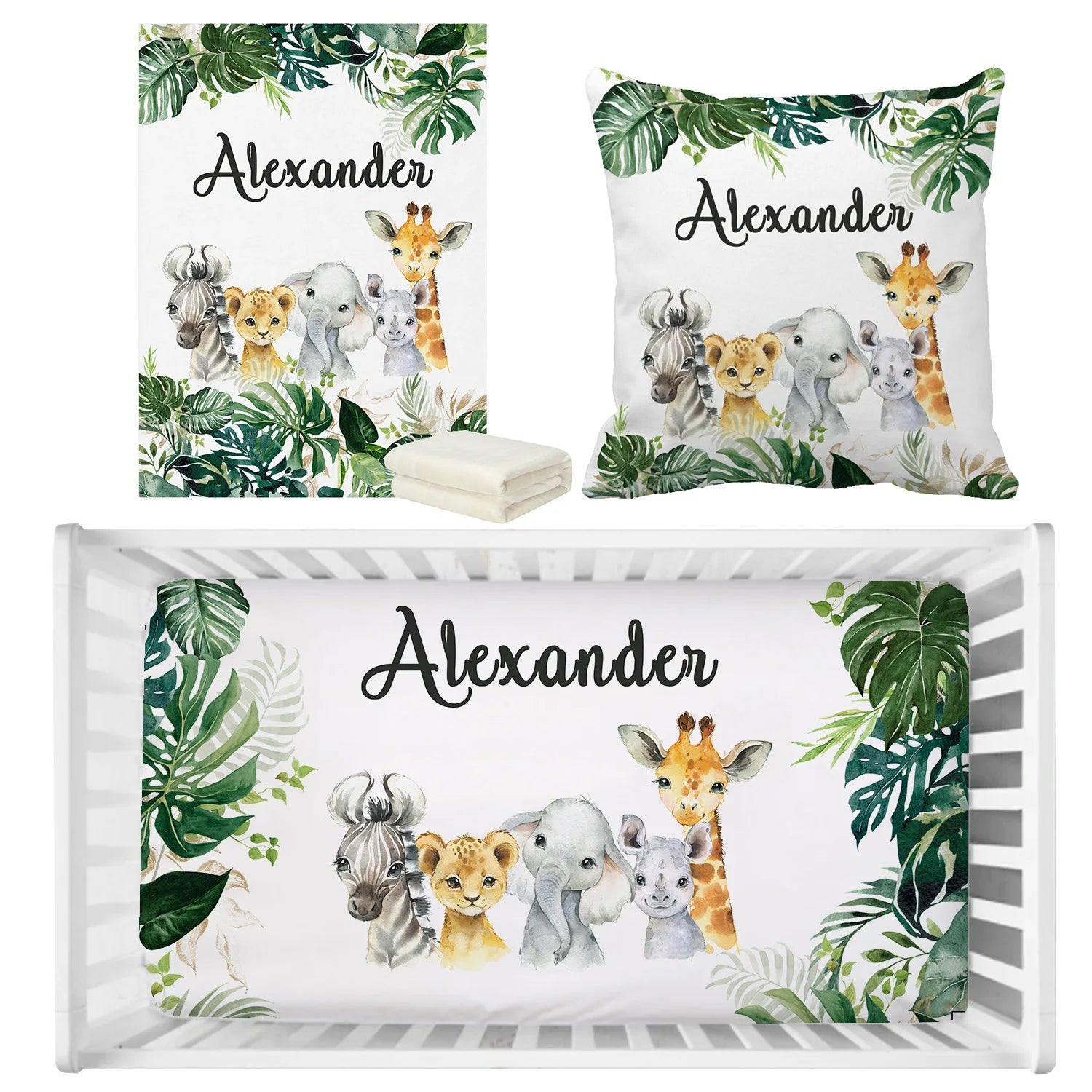 Nursery set with jungle theme featuring baby animals and green leaves. Includes a name plate, pillow, and crib sheet with "Alexander" text.