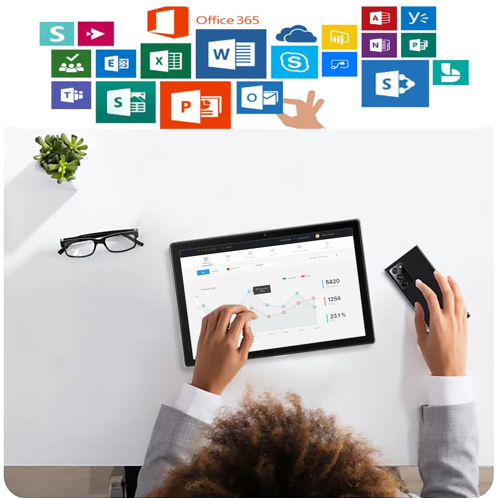 A person interacts with a tablet displaying a graph, surrounded by Microsoft Office 365 app icons. Nearby, there are glasses, a plant, and a smartphone on a white desk.