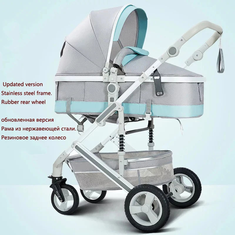 Gray and teal baby stroller with stainless steel frame and rubber rear wheels. Features an adjustable canopy, basket storage, and ergonomic handle with hanging accessory.