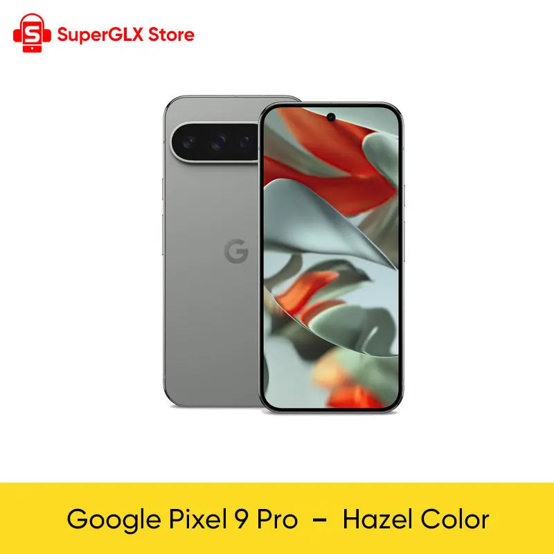Front and back view of the Google Pixel 9 Pro in hazel color, featuring a sleek design and a multi-lens camera. The phone is displayed against a white background with SuperGLX Store branding.