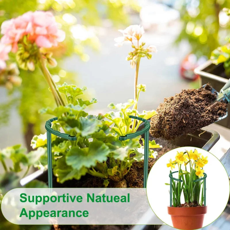 A hand adding soil to a flower pot with pink blooms and green foliage, using a plant support ring. An inset shows a potted plant with yellow flowers, supported by a similar ring.