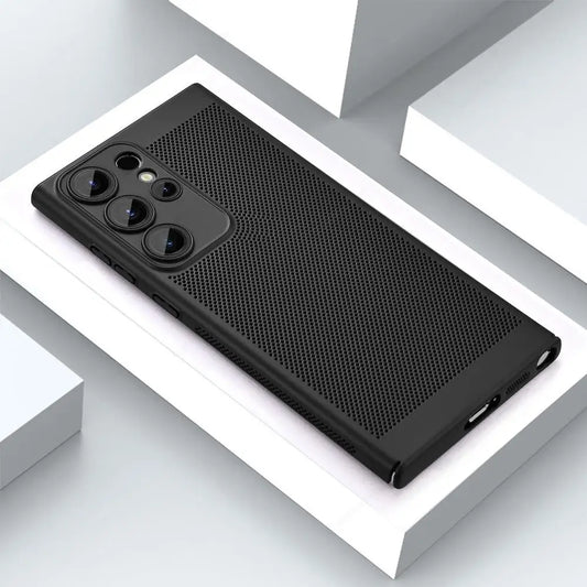 Sleek black smartphone with a textured grip case, featuring three large camera lenses on a minimalistic, geometric background.